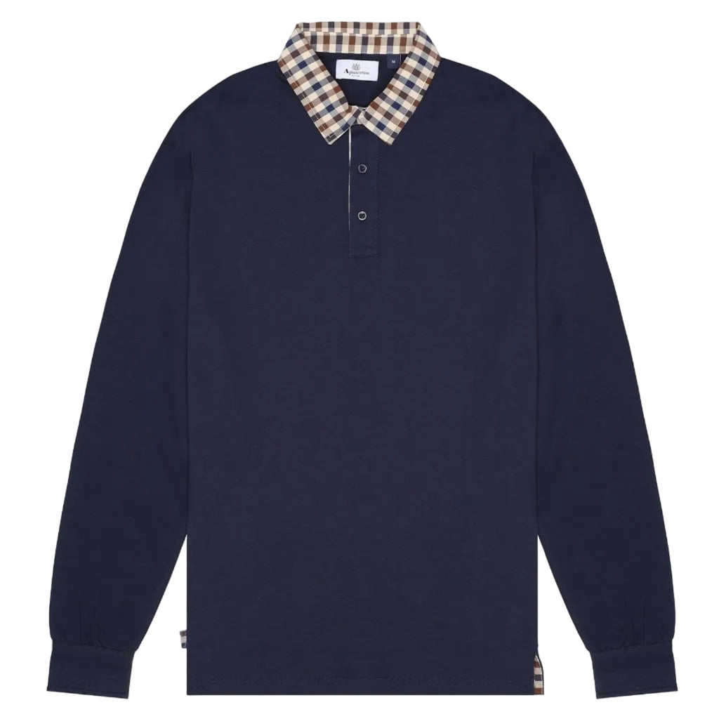 Aquascutum Active Club Check Collar L/S Polo Shirt: NAVY