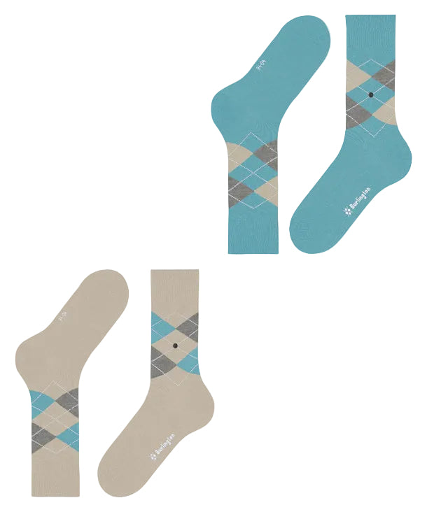 Burlington Everyday 2 Pack Argyle Sock: AQUA/BEIGE